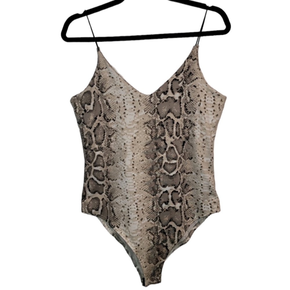 Gaze Bodysuit Women's Size Medium Gray Tan Snakeskin Print Tank Top Cami Snake